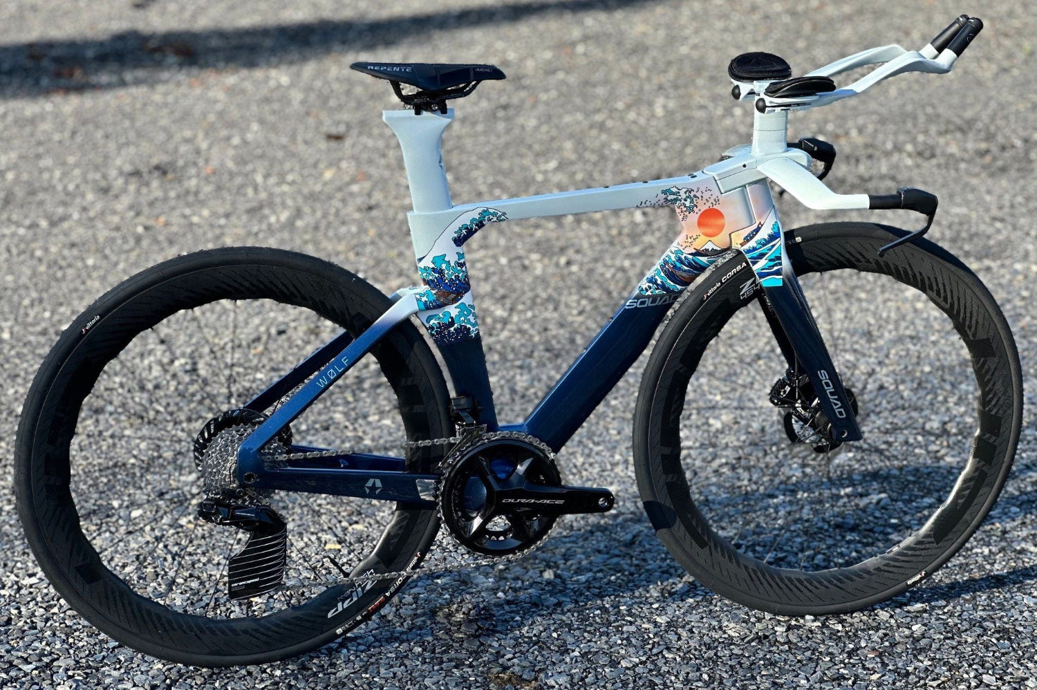 Great Wave off Kanagawa inspired custom painted Squad Wolf triathlon bike from Squad Cycles One-of-1 paint factory
